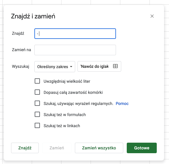 Znajdź i zamień - Arkusze Google