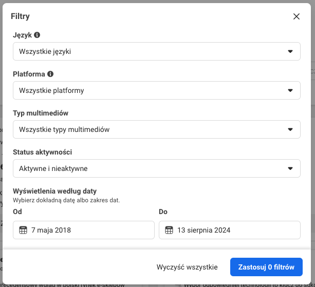 filtrowanie biblioteka reklam