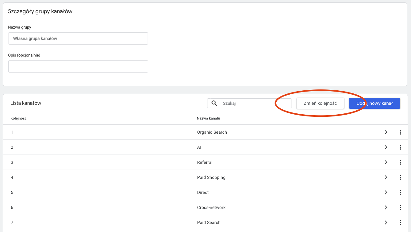 Zmiana kolejności - grupa kanałów GA4