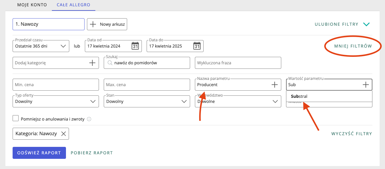 filtrowanie po producencie - sprzedaż według ofert