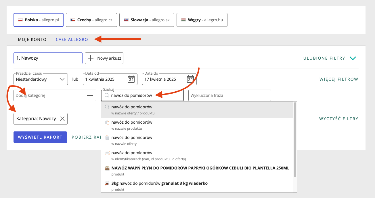 ustawienie filtrowania w Allegro Analytics - sprzedaż według ofert