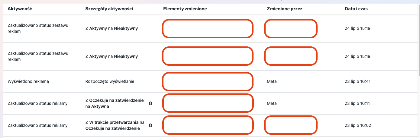 Historia zmian - tabela - Meta Ads